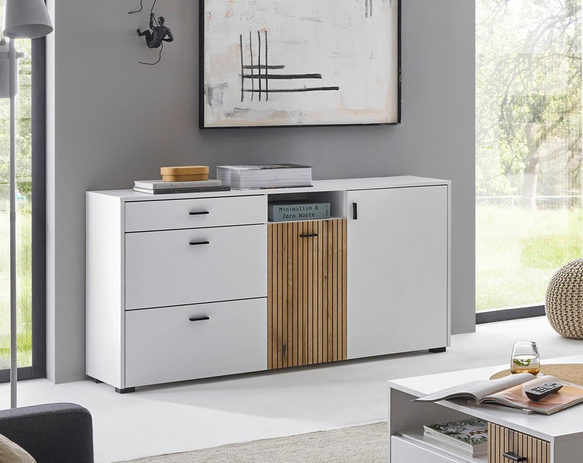 SIDEBOARD weiß matt, Eiche 150 cm, Kommode mit Soft-Close-Funktion - Eichefarben/Schwarz, Holzwerkstoff/Kunststoff (150/80/42cm) - Furn.Design