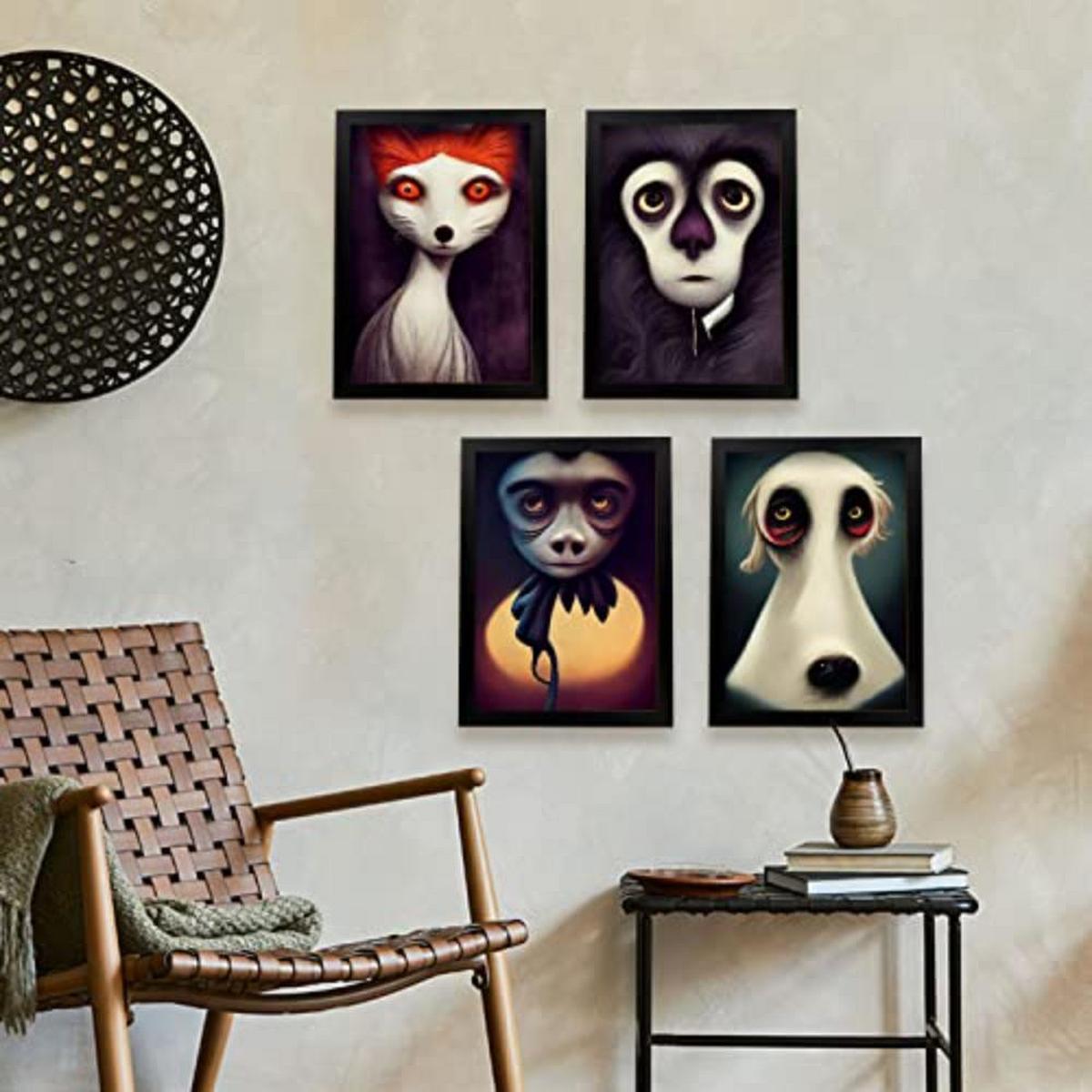 POSTER Set mit 4 Hören Tier im T Burton Goth Stil A4 Weißer Rahmen - Weiß, Papier (29.7/3cm) - Nacnic