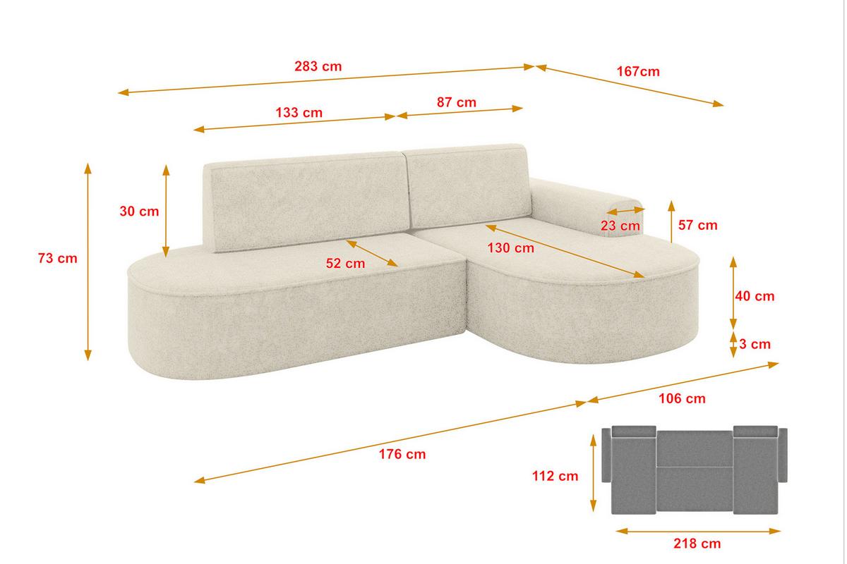 ECKSOFA mit Schlaffunktion und Bettkasten Ottomane Rechts MARI-L1-S - 283x167x73 cm Creme Tissu - Creme/Schwarz, Holzwerkstoff/Kunststoff (167/283cm) - ALTDECOR