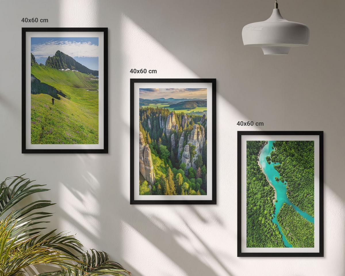 BILDER SET 3er Set - 40x60 cm Schwarzer Rahmen - Grüne Berge, Flussfelsen - Schwarz, Kunststoff (40/60cm) - TULUP