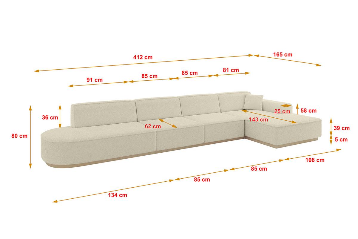 ECKSOFA Ottomane Rechts IREA-L3 - 412x165x80 cm Beige - Hellbraun/Creme, Holzwerkstoff/Textil (412/165cm) - ALTDECOR