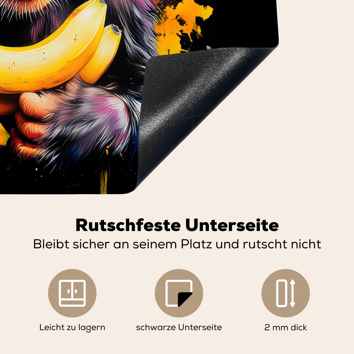 HERDABDECKPLATTE Affe - Graffiti - Farbenfroh - Bananen - Modern Ceranfeldabdeckung 59x52 cm - Gelb, Kunststoff (59/52/0.2cm) - MuchoWow
