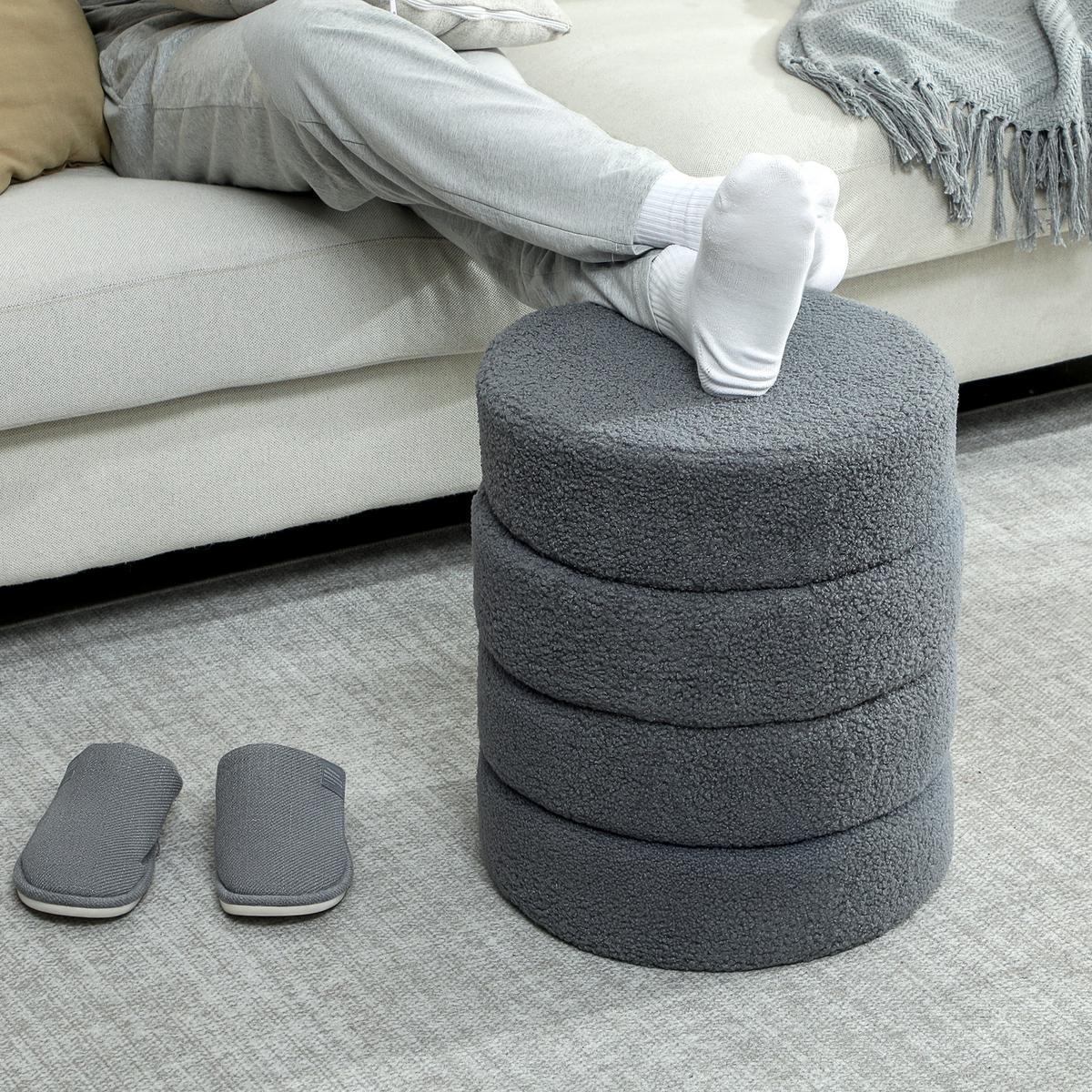 SITZHOCKER, Fußhocker, Runder Polsterhocker, Fußstütze mit Sitzkissen - Dunkelgrau/Naturfarben, Holz/Textil (40/45/40cm) - HOMCOM