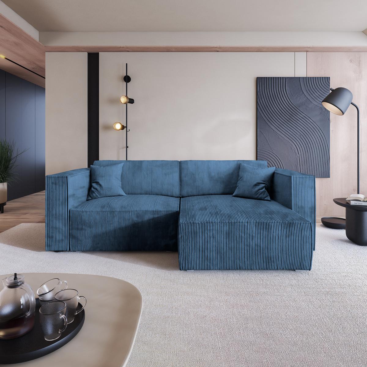 ECKSOFA NERIO P Blau Kordstoff mit Schlaffunktion - Blau/Grau, Holz/Kunststoff (245/148cm) - MASSENO