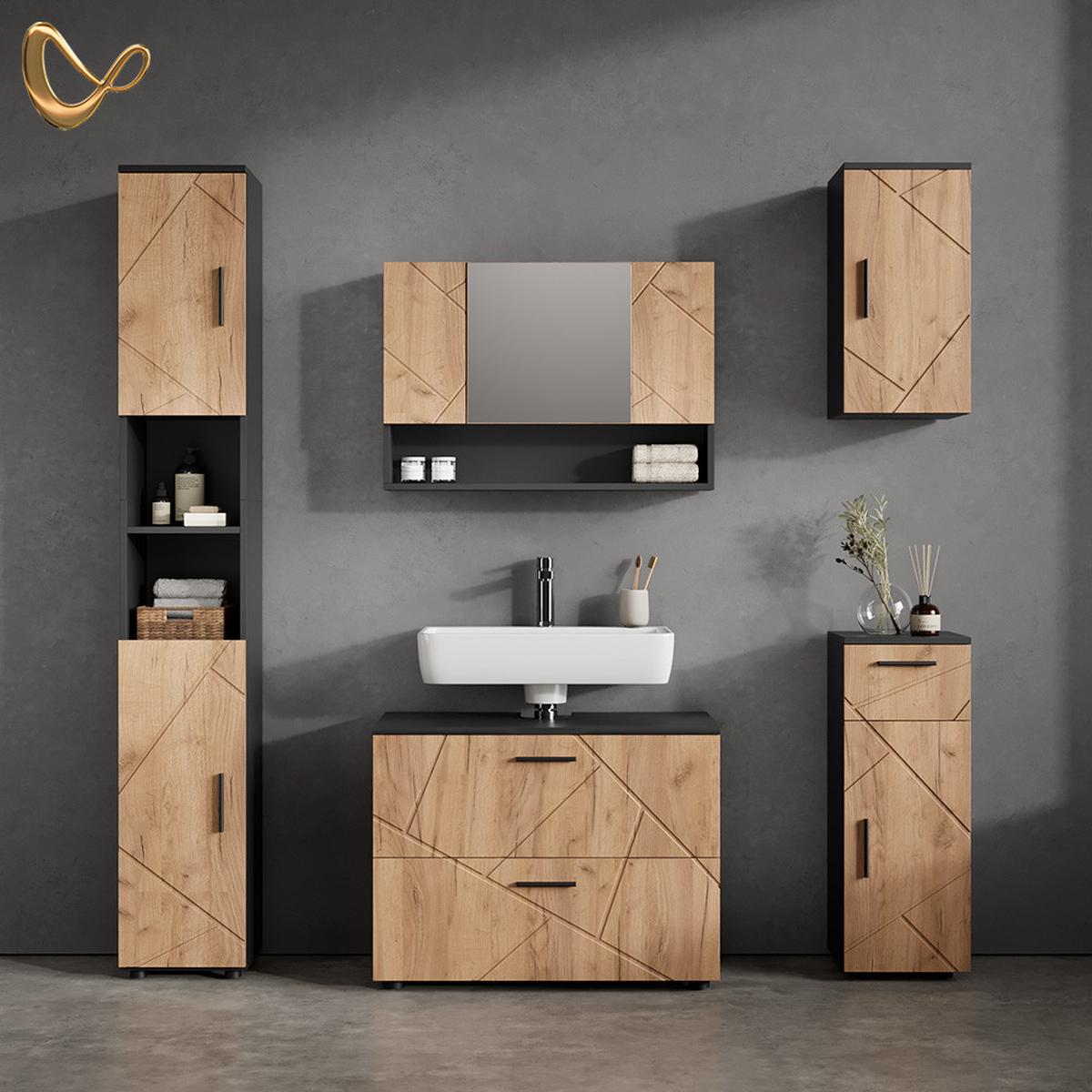 BADMÖBEL-SET Ronco Goldkraft Eiche/Anthrazit 5 Teile - Honigeiche/Anthrazit, Holzwerkstoff (41/80/58cm) - Livinity®