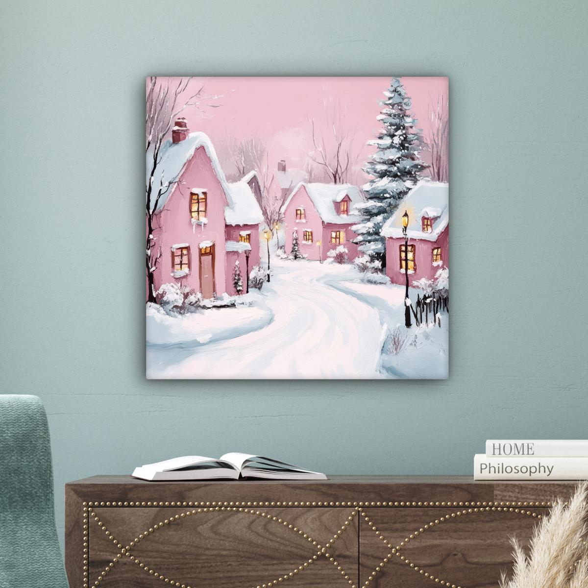 LEINWANDBILD Weihnachtsdorf - Rosa - Winter - Schnee - Häuser Wandbild Wohnzimmer 50x50 cm - Altrosa, Textil (50/50cm) - MuchoWow