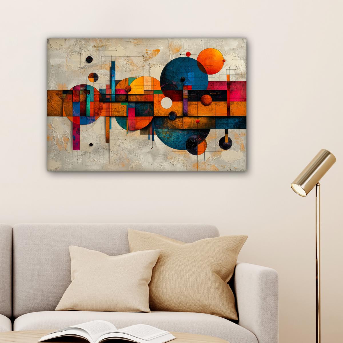 LEINWANDBILD Vintage - Moderne Kunst - Orange - Geometrische Formen Wanddeko 90x60 cm - Multicolor, Textil (90/60cm) - MuchoWow