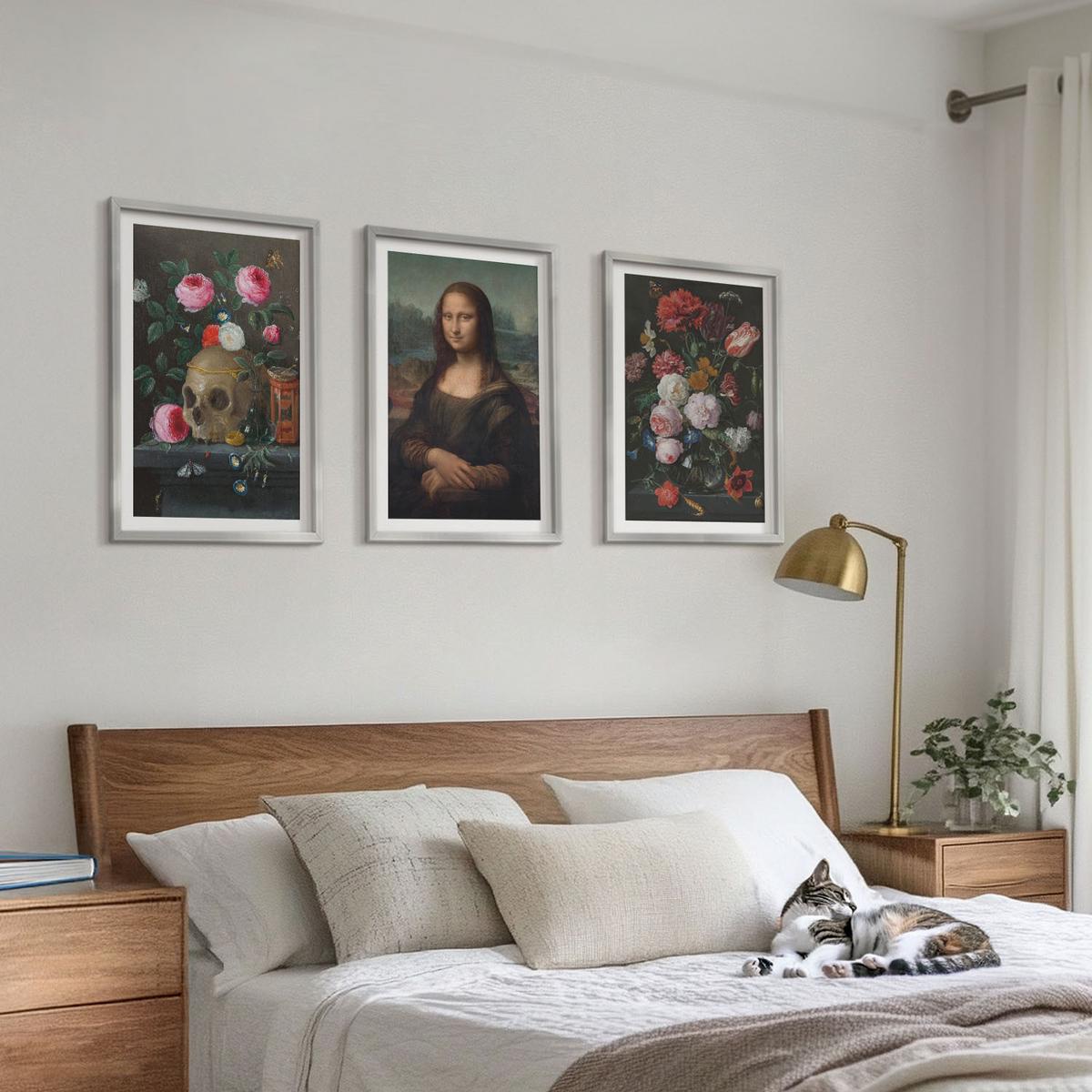 BILDER SET 3er Set - 40x60 cm Silberner Rahmen - Blumenschädel-Porträt Mona Lisa - Silberfarben, Kunststoff (40/60cm) - TULUP
