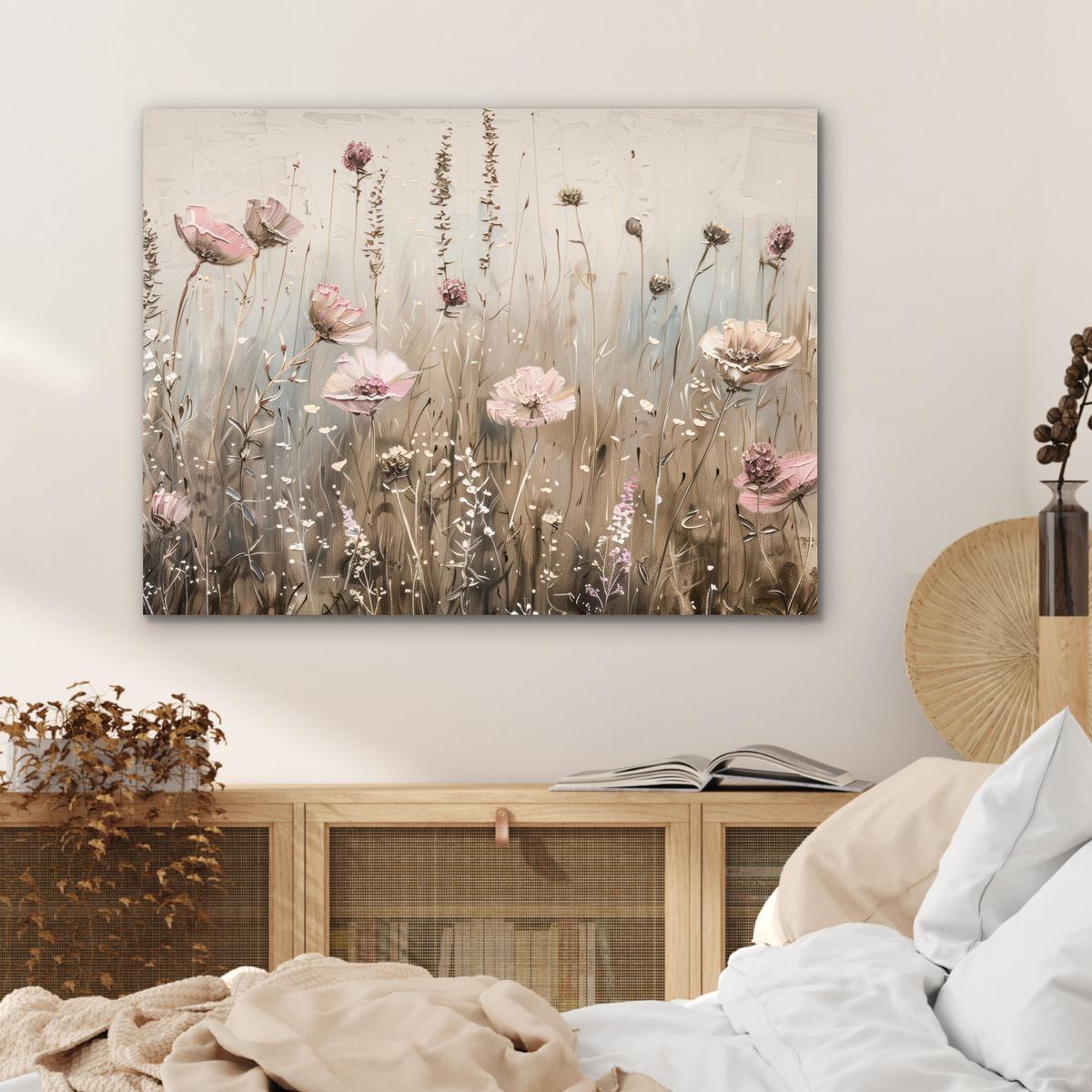 METALLBILD Blumen - Rosa - Modern - Beige 80x60 cm - Beige, Metall (80/60cm) - MuchoWow