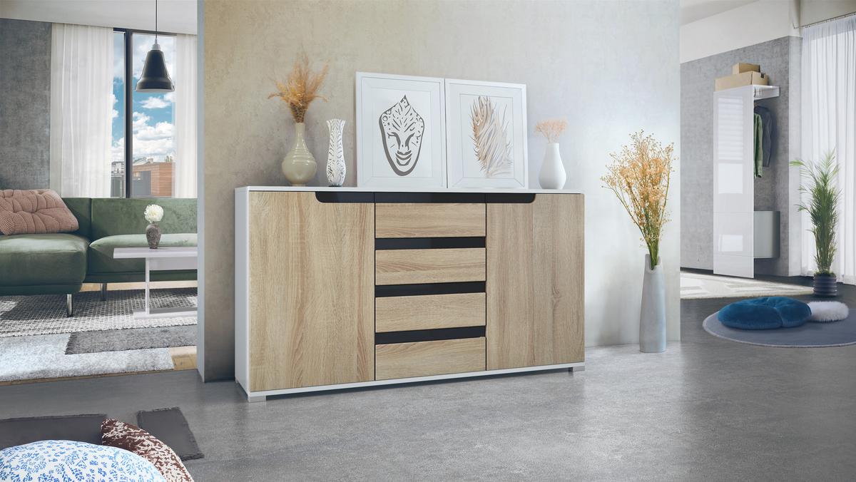SIDEBOARD Sylt Eiche sägerau / Schwarz Hochglanz - Eiche San Remo, Holzwerkstoff (138.5/75.5/35cm) - Vladon