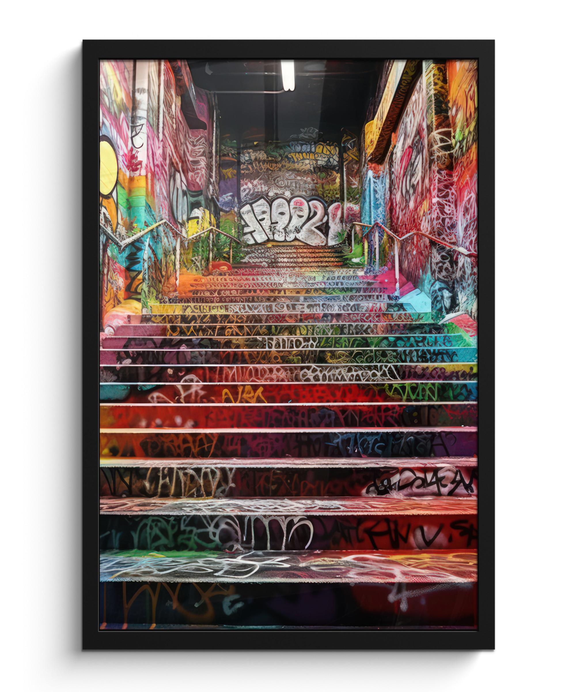 POSTER MIT RAHMEN Treppe - Graffiti - Farben - Kunst Bilder mit Rahmen 40x60 cm - Multicolor, Papier (40/60cm) - MuchoWow