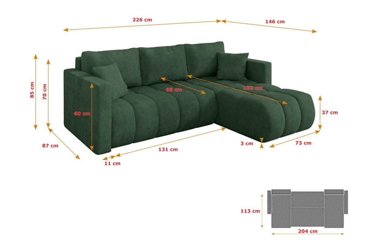 ECKSOFA mit Schlaffunktion Ottomane Rechts GARD-L 226x146x85 Grün Cord - Dunkelgrün/Schwarz, Holzwerkstoff/Kunststoff (226/146cm) - ALTDECOR
