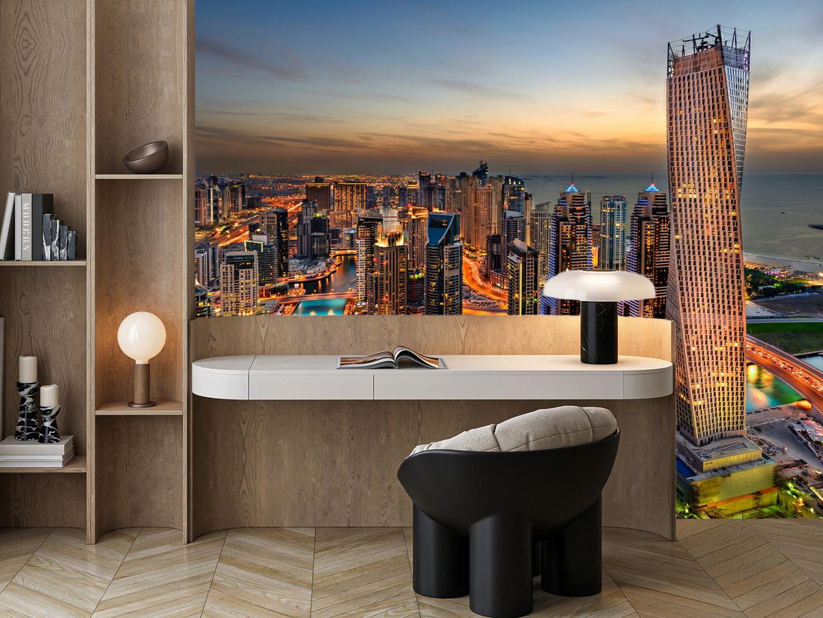 FOTOTAPETE für Büro Hochhäuser Dubai Marina Hafen Lichter Modern 150x105 - Türkis/Gelb, Papier (150/105cm) - Muralo