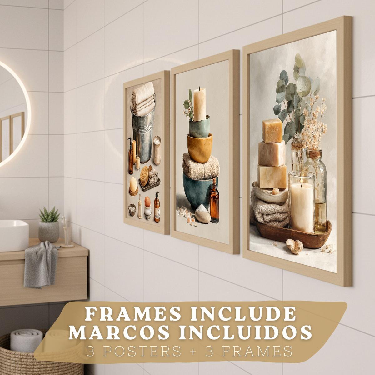 POSTER Set aus 3 Badezimmer Wandbildern und Drucke zur Dekoration für Waschbecken Dusche WC mit Kerzen Seifen und Handtüchern Leichter Holzrahmen A3 - Beige, Papier (42/29.7/3cm) - Nacnic