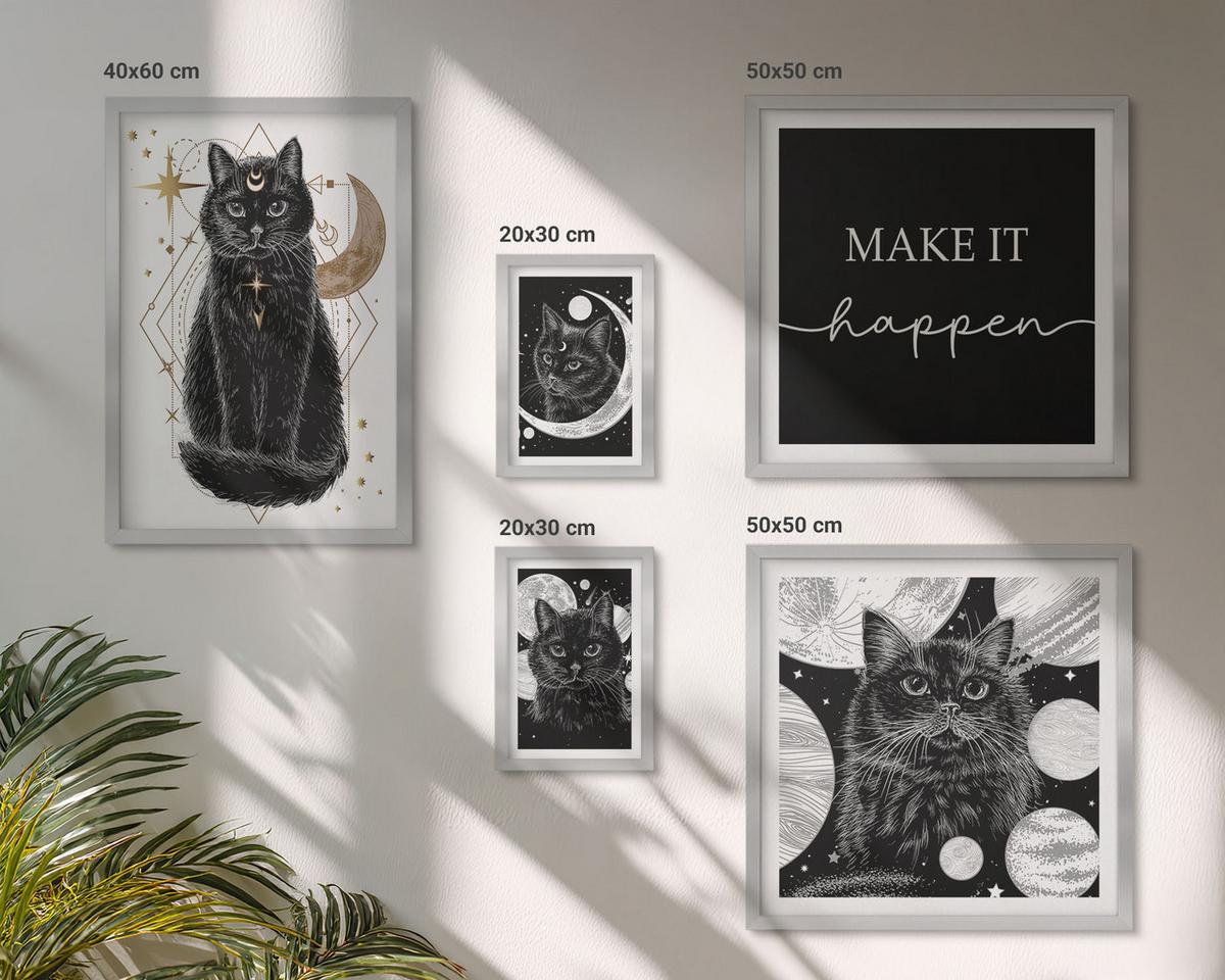 BILDER SET 5er Set - 50x50 cm & 20x30 cm & 40x60 cm Silberner Rahmen - Schwarze Katzen, Mond, Planet - Silberfarben, Kunststoff (40/60cm) - TULUP