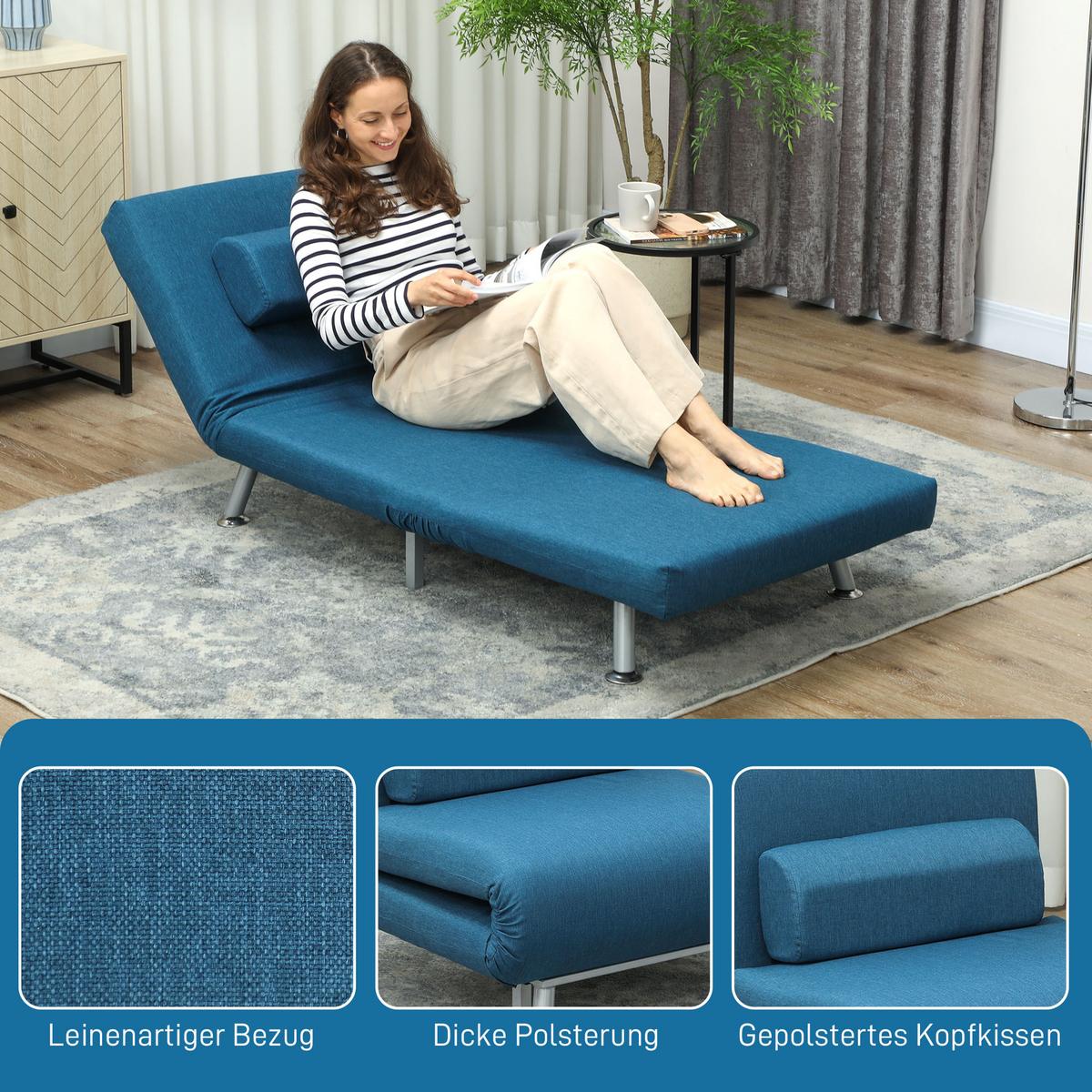 KLAPPBAR Schlafsessel Schlafsofa Klappmatratze Bett Gästebett Blau Sofa - Blau/Silberfarben, Textil/Metall (70/75/75cm) - HOMCOM