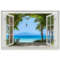 GARTENPOSTER Aussicht - Baum - Meer - Palme - Hügel - Strand - Blau Gartendeko 90x60 cm - Weiß, Kunststoff (90/60/0.2cm) - OnlyWow