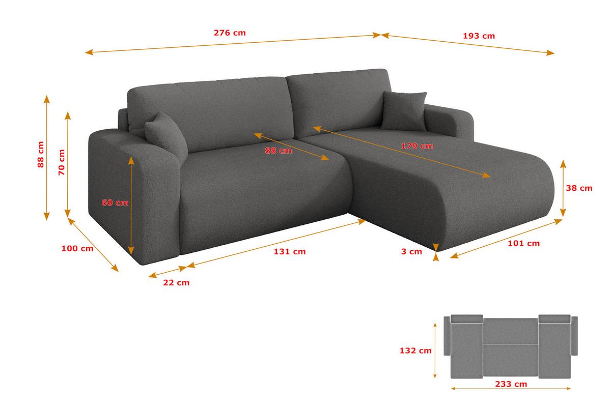 ECKSOFA mit Schlaffunktion Ottomane Rechts BERY-L 276x193x88 Grau Bouclé - Schieferfarben/Schwarz, Holzwerkstoff/Kunststoff (276/193cm) - ALTDECOR