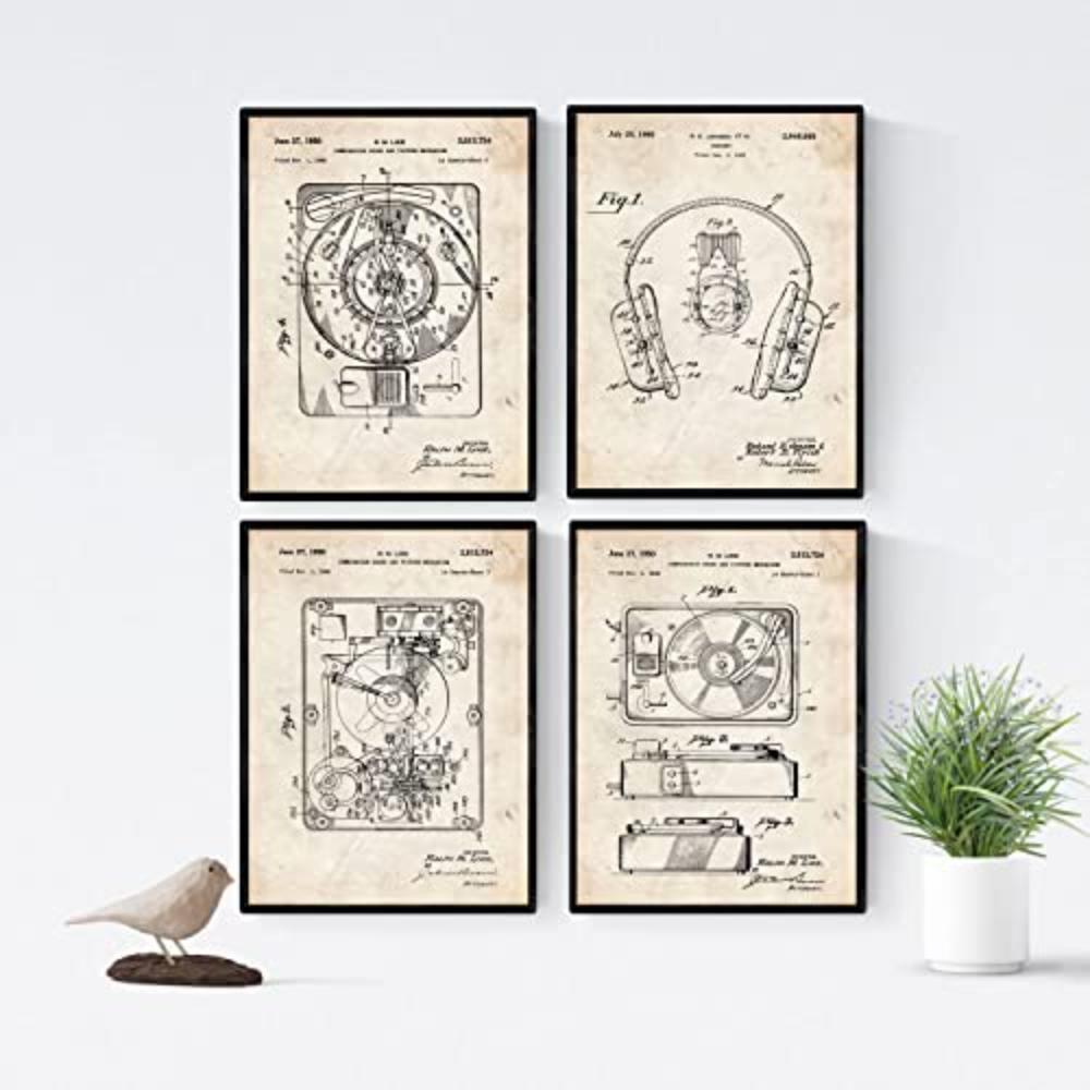 POSTER Set mit 4 Jahrgang Drehscheibe Patenten A4 Schwarzer Rahmen - Schwarz, Papier (29.7/3cm) - Nacnic