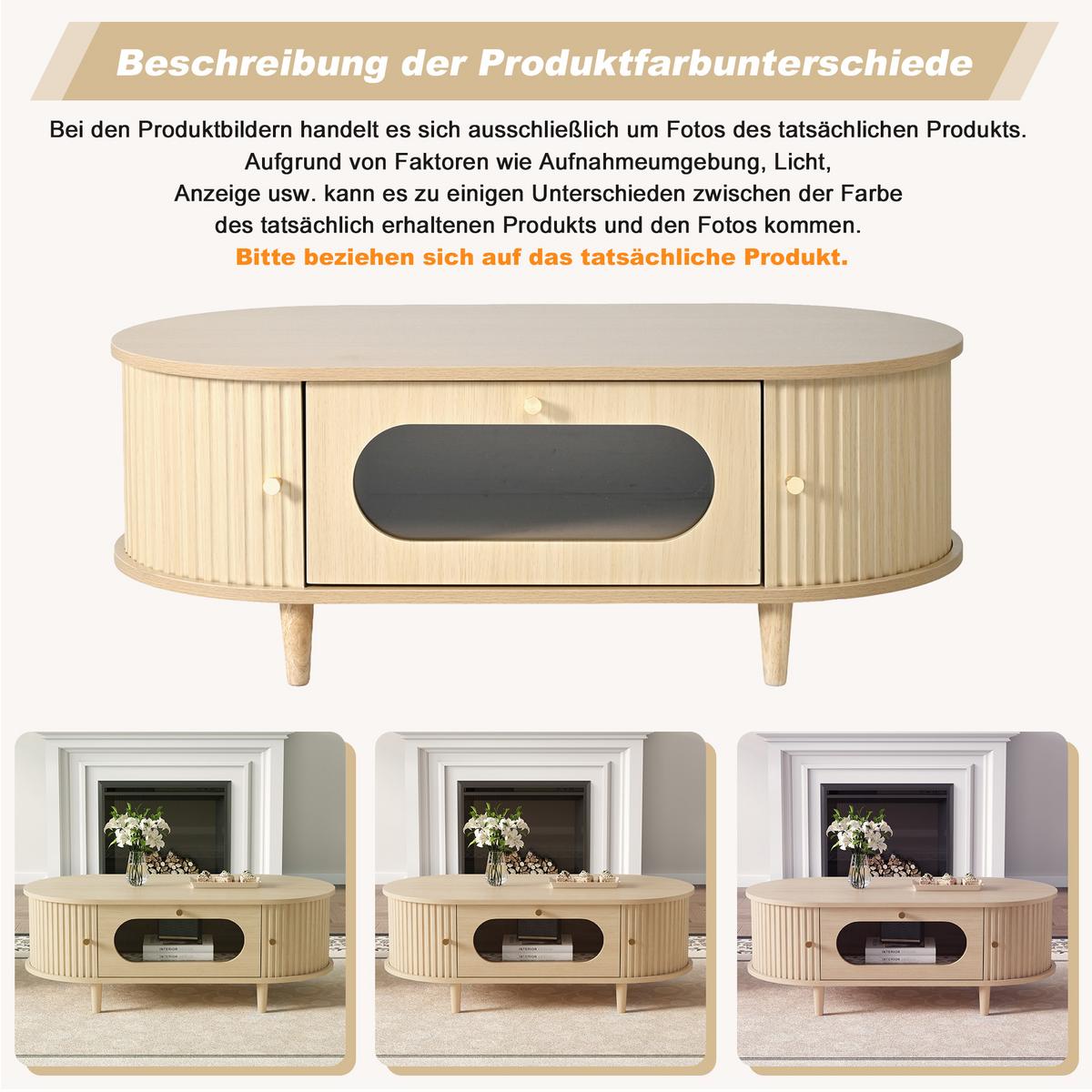COUCHTISCH in Eiche-Optik – Ovales Design mit Glasschublade & Rolltüren - Eichefarben, Holzwerkstoff (50/100/36cm) - Urban Meuble