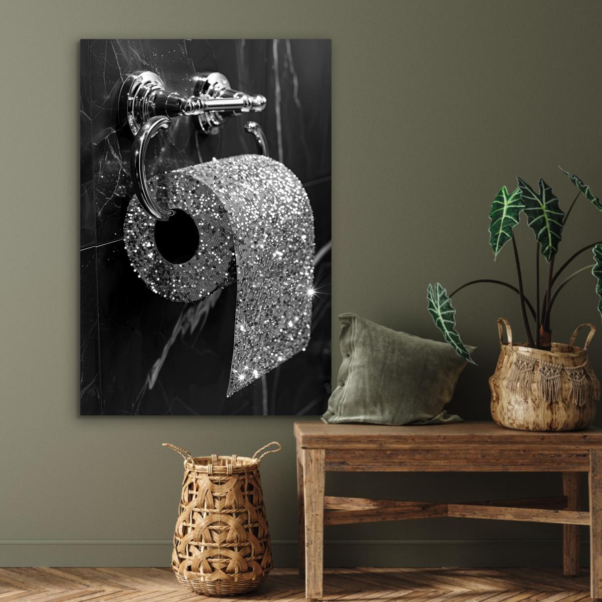 METALLBILD WC - Toilettenpapier - Schwarz und weiß - Glitter 80x120 cm - Silberfarben, Metall (80/120cm) - MuchoWow