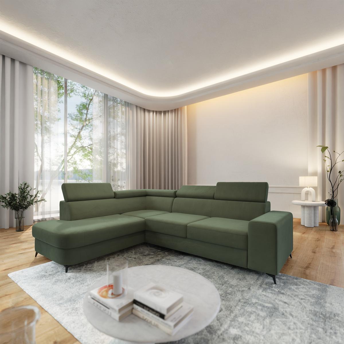 ECKSOFA ALVORO L-S Grün Velours-Stoff mit Schlaffunktion - Grün, Holz (253/190cm) - MASSENO