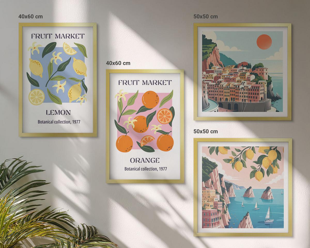BILDER SET 4er Set - 50x50 cm & 40x60 cm Goldrahmen - Obstposter Zitronen Orangen - Goldfarben, Kunststoff (50/50cm) - TULUP