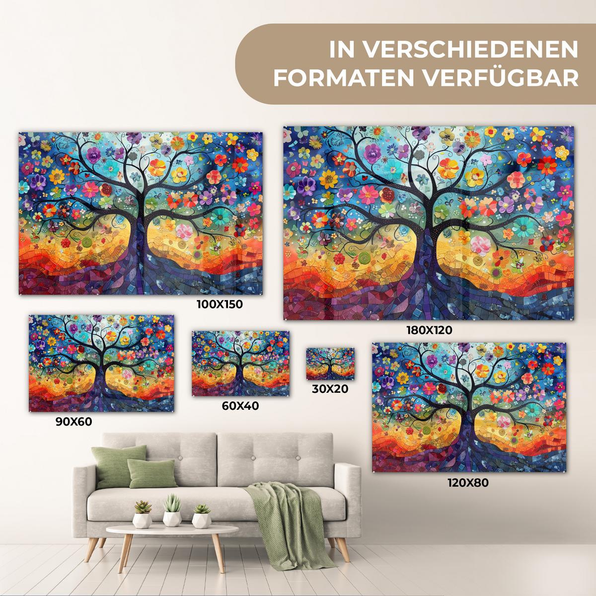 ACRYLGLASBILD Kunst - Baum des Lebens - Blumen - Hippie Room Decor 90x60 cm - Dunkelblau, Glas (90/60cm) - MuchoWow