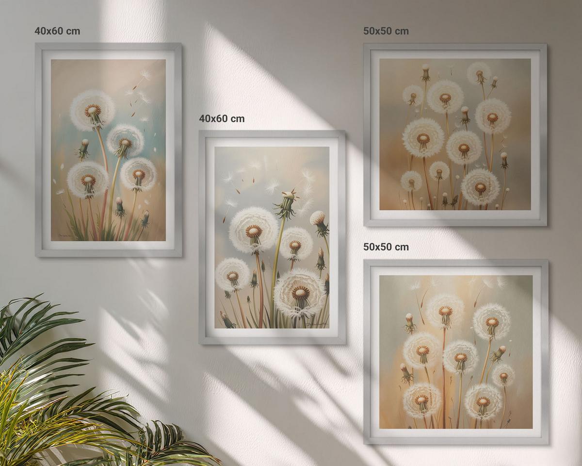 BILDER SET 4er Set - 50x50 cm & 40x60 cm Silberner Rahmen - Pastellfarbene Löwenzahnblüten - Silberfarben, Kunststoff (50/50cm) - TULUP