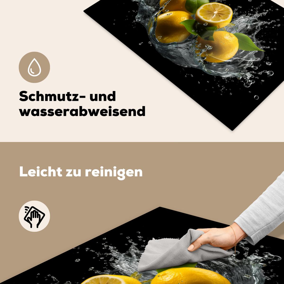HERDABDECKPLATTE Zitrone - Obst - Gelb - Schwarz Ceranfeldabdeckung 76x51.5 cm - Gelb, Kunststoff (76/51.5/0.2cm) - MuchoWow
