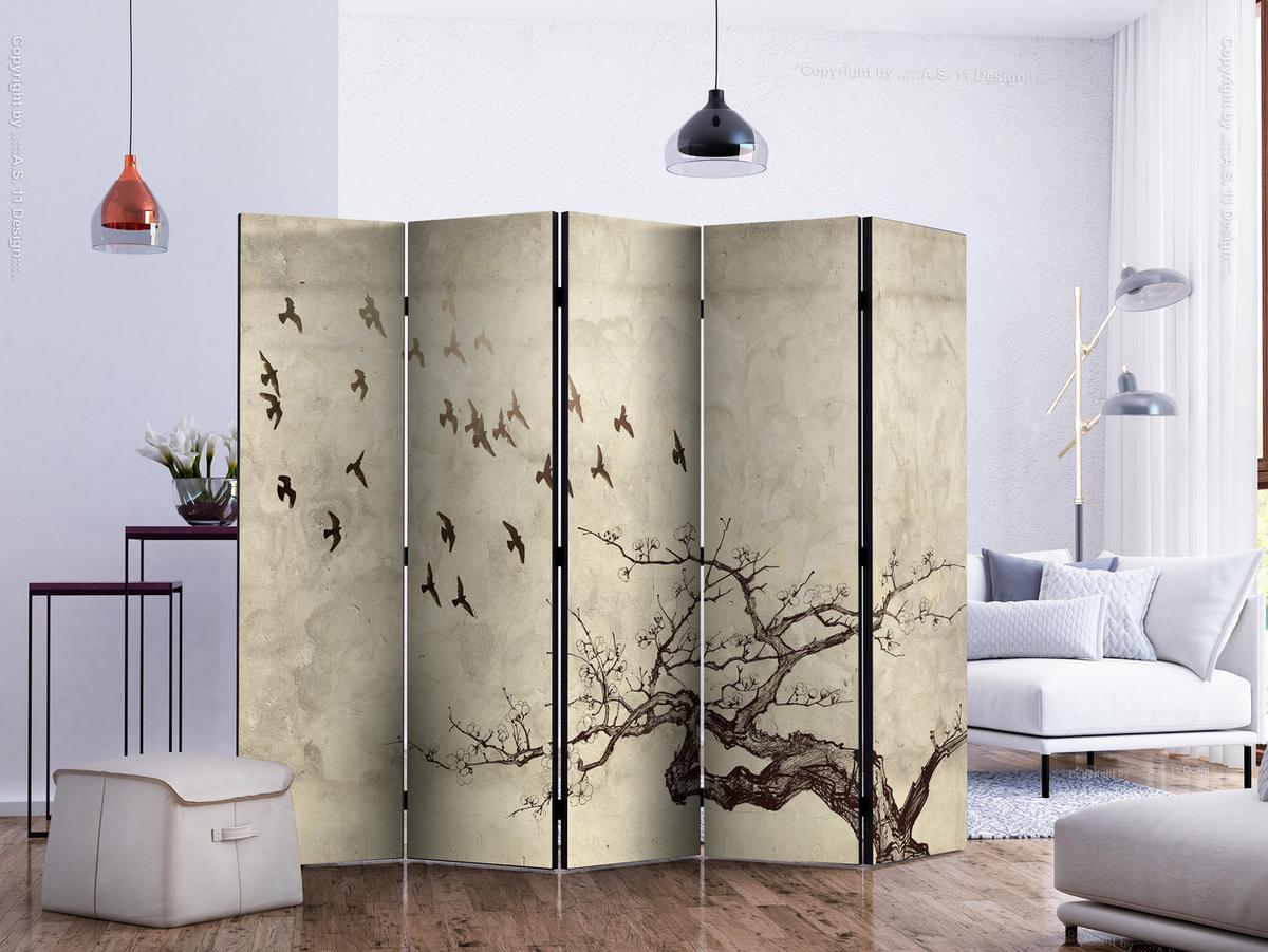 PARAVENT Akustik 5-tlg 225x172 cm Baum Vögel Vintage - Beige, Holz/Textil (225/172/3cm) - Muralo