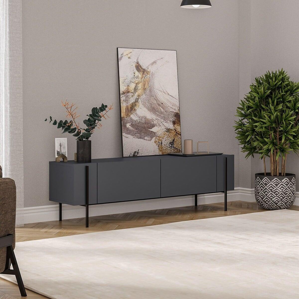 TV-MÖBEL mit 2 klappbaren Türen und Metallfüßen 31,4/160/45,6 cm - Anthrazit, Holzwerkstoff (31.4/45.6/36cm) - Calicosy