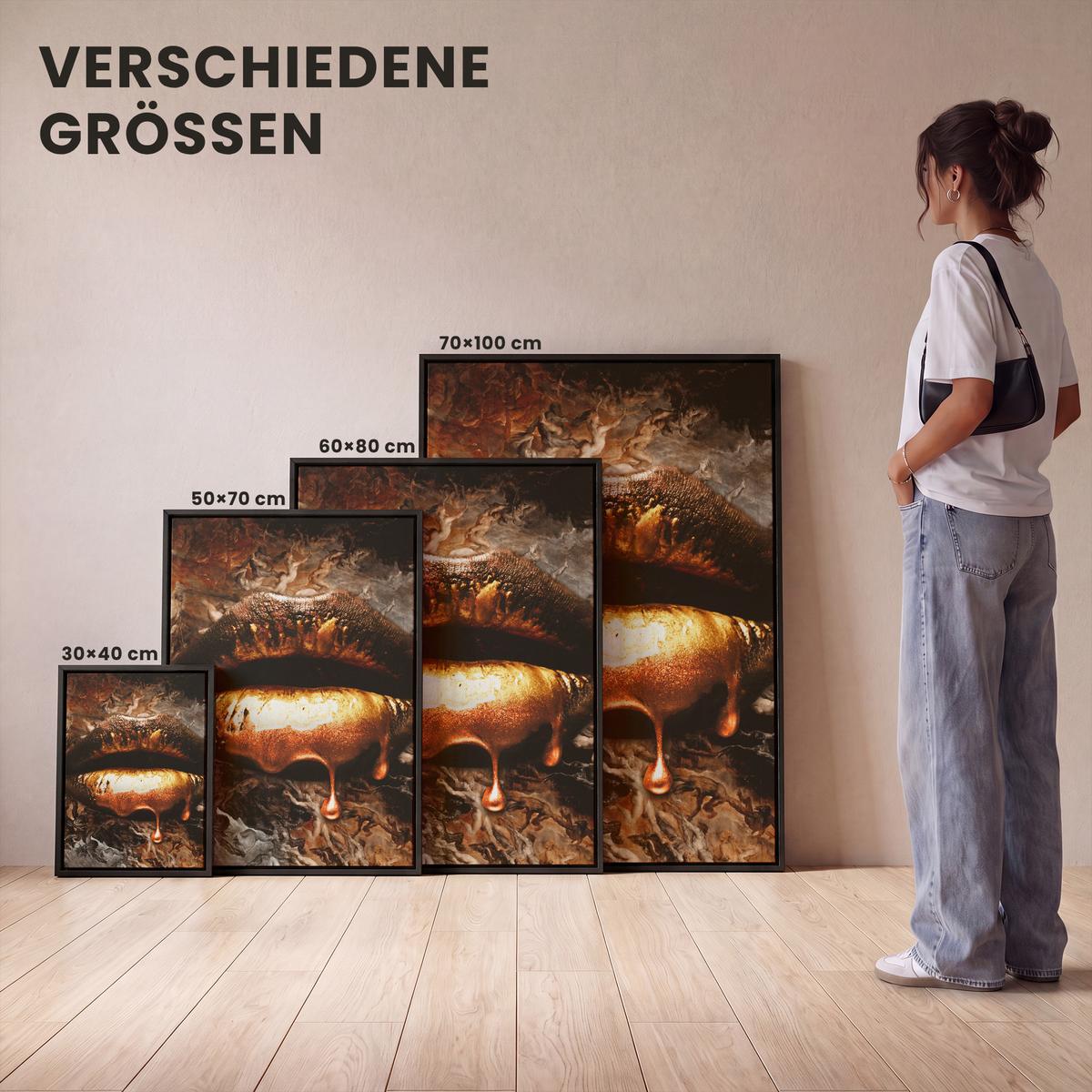 LEINWAND Bilder mit Rahmen - Gold - Lippen - Kunst - Gold - Luxus - Abstrakt - 50x70 - Kupferfarben, Textil (50/70cm) - MuchoWow