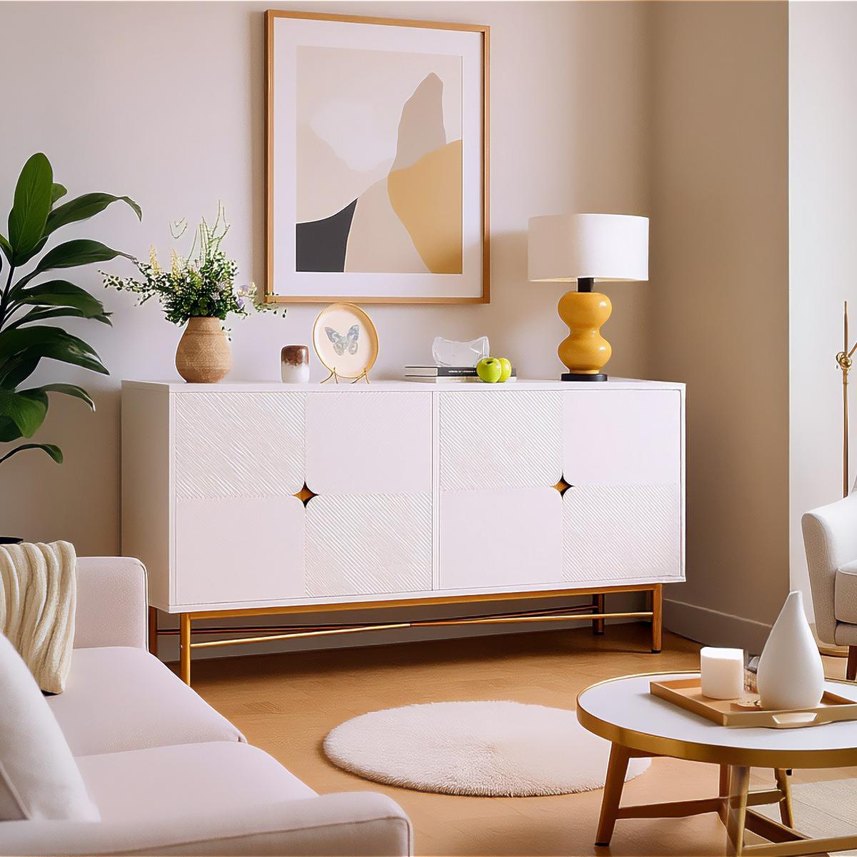 SIDEBOARD weiß & gold, erhabene textur & 4 türen - Weiß, Holzwerkstoff (160/82/40cm) - Urban Meuble