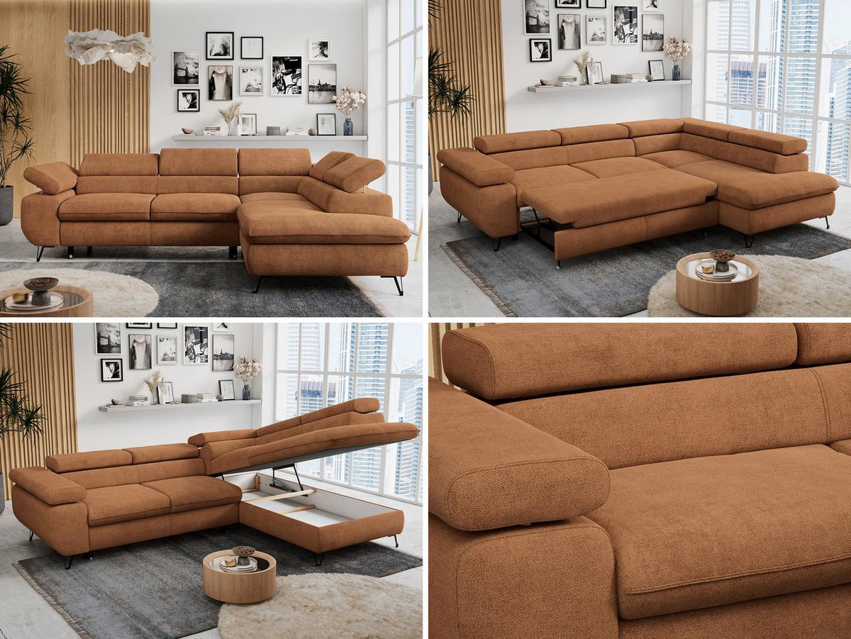 ECKSOFA PETER L Orange Struktur - Rechts Seite - Schwarz/Orange, Textil/Metall (273/208cm) - MKS