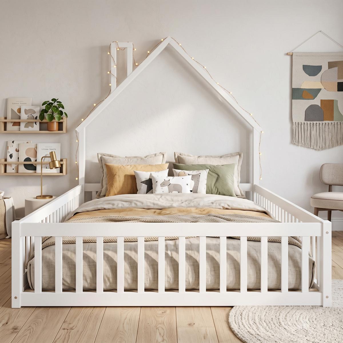 KINDERBETT kiefernholz hausdesign 140x190cm mit lattenrost - Weiß, Holz (140/190cm) - Urban Meuble
