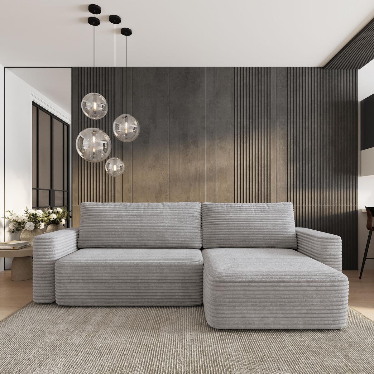 ECKSOFA TELIN Hellgrau Kordstoff mit Schlaffunktion - Hellgrau, Holz (280/162cm) - MASSENO
