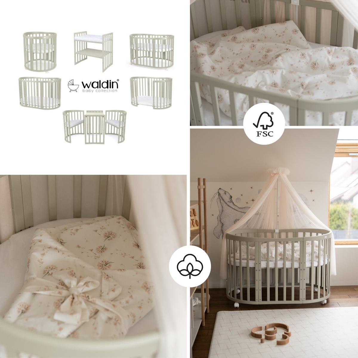 BABYBETT OLIVE OVAL 7in1 mit Matratze und Himmelset - Champagner/Olivgrün, Holz/Textil (73/125cm) - waldin