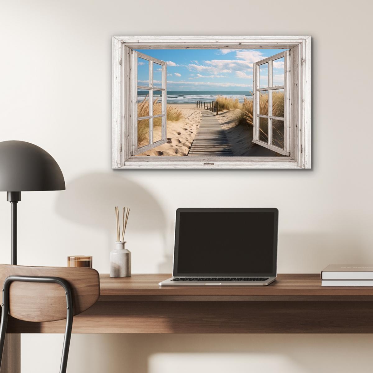 METALLBILD Fenster - Meer - Küste - Natur - Ausblick - Strand - Wattenmeer Wandbild 60x40 cm - Beige, Metall (60/40cm) - MuchoWow