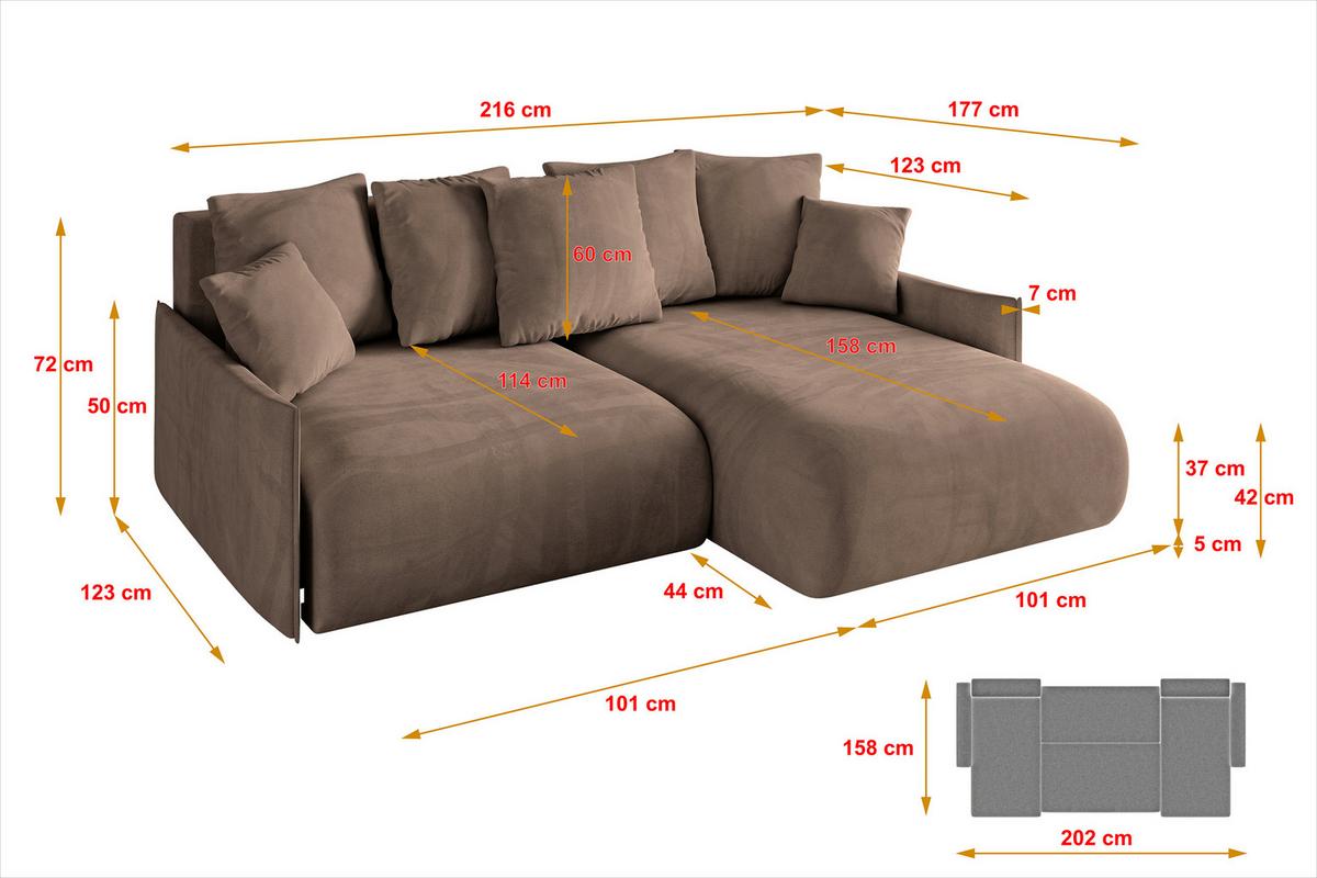 ECKSOFA Ottomane rechts ONESK-L -v1 216x177x72 Braun Velours - Braun, Holzwerkstoff/Kunststoff (177/216cm) - ALTDECOR