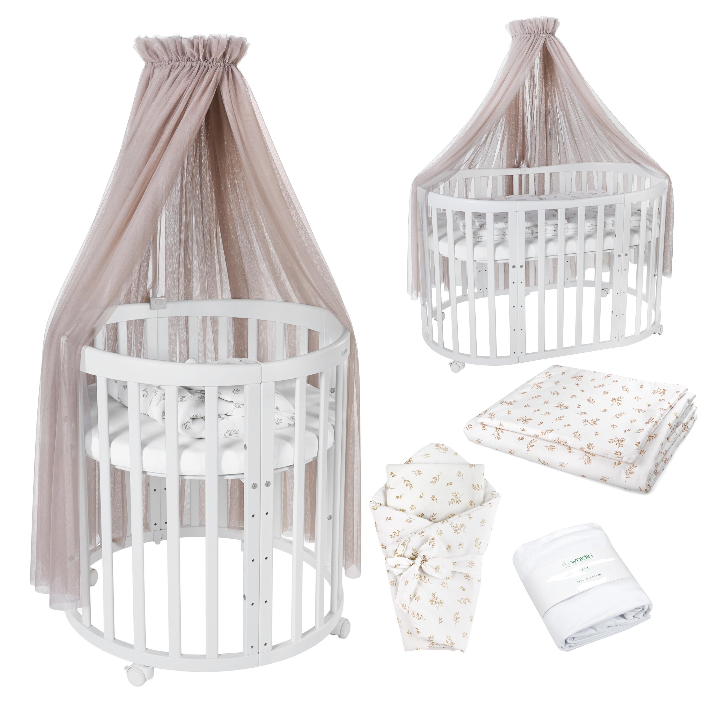 BABYBETT WHITE OVAL 7in1 mit Matratze und Himmelset - Taupe/Weiß, Holz/Textil (73/125cm) - waldin