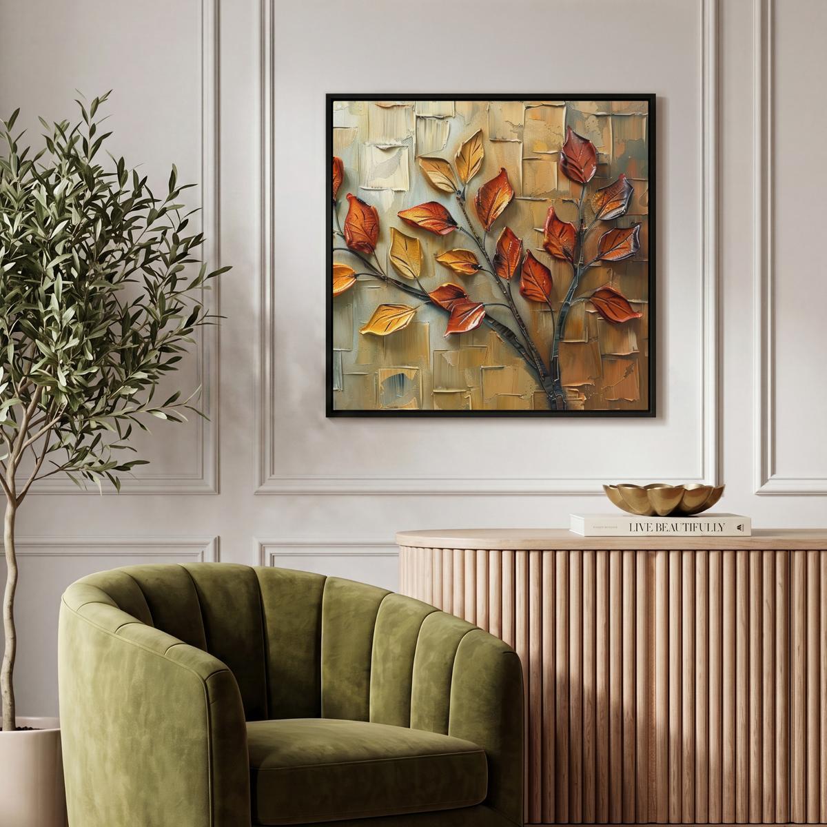 LEINWAND Bilder mit Rahmen - Baum - Abstrakt - Natur - Kunst - 50x50 - Goldfarben, Textil (50/50cm) - MuchoWow