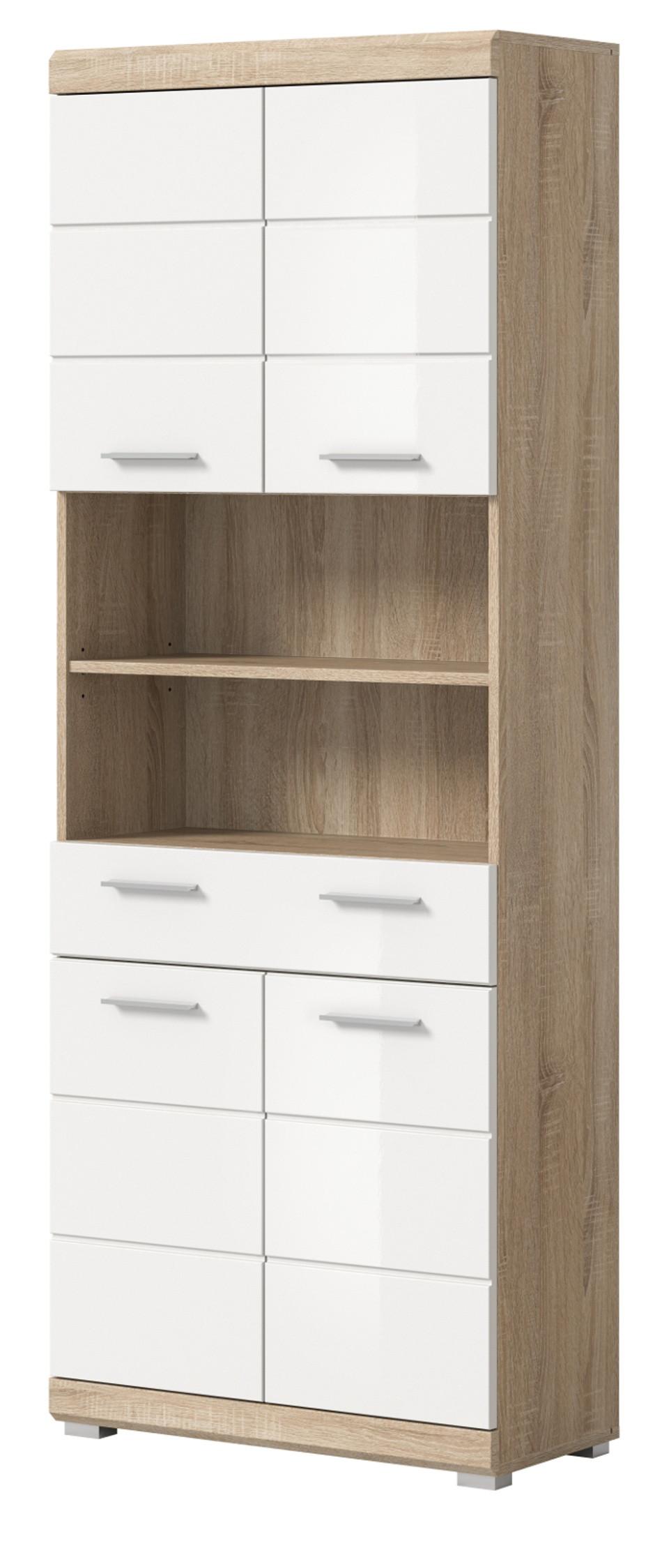 HOCHSCHRANK weiß Hochglanz, Eiche 74 x 191 cm, Badschrank mit viel Stauraum - Weiß Hochglanz/Eichefarben, Holzwerkstoff/Kunststoff (74/191/31cm) - Inn.Furn