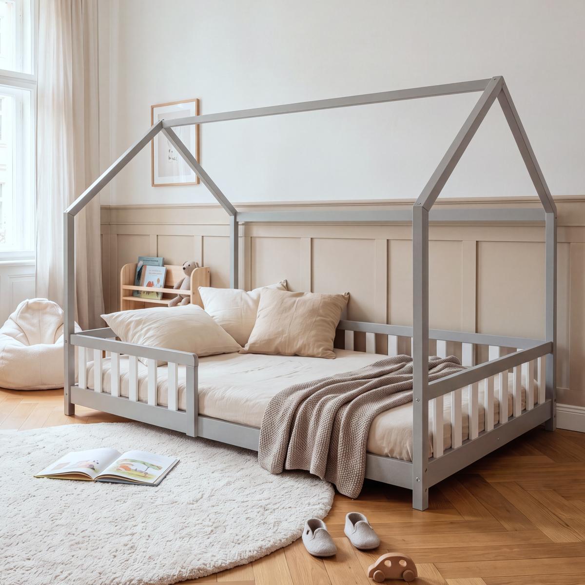 HAUSBETT Hesel - Weiß/Grau, Holz (120/200cm) - [en.casa]