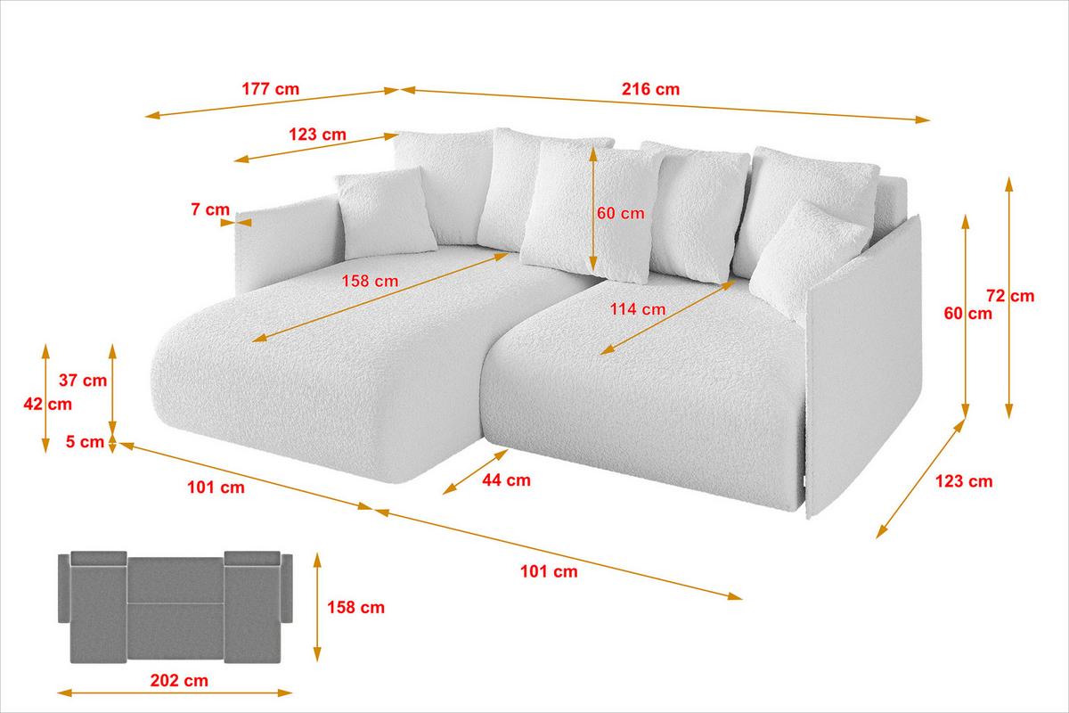 ECKSOFA Ottomane links ONESK-L 216x177x72 Weiß Bouclé - Weiß, Holzwerkstoff/Kunststoff (216/177cm) - ALTDECOR