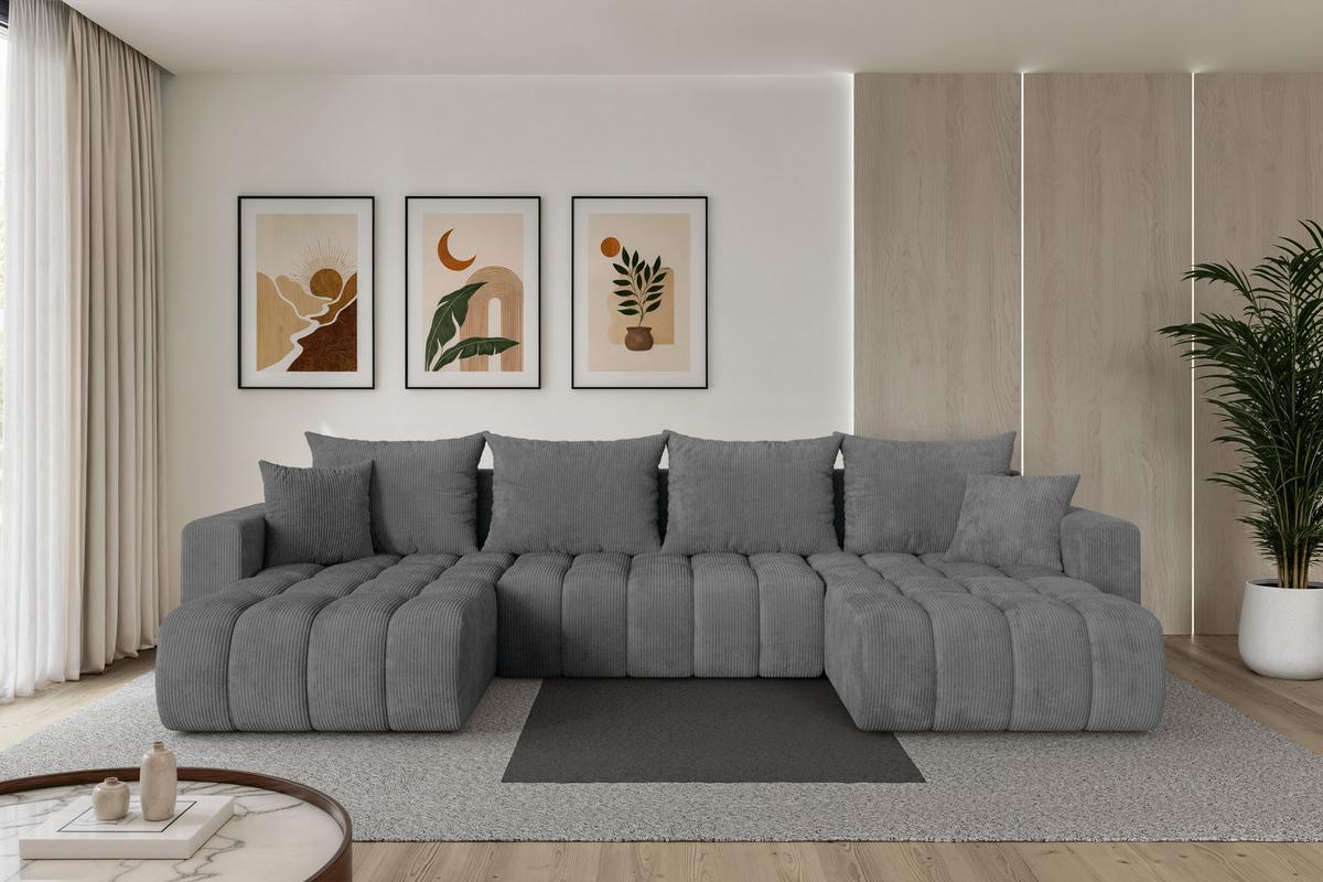 WOHNLANDSCHAFT mit Schlaffunktion und Bettkasten MILA-U-v1 378x194x86 Dunkelgrau Cord - Dunkelgrau/Schwarz, Holzwerkstoff/Kunststoff (378/86/194cm) - ALTDECOR