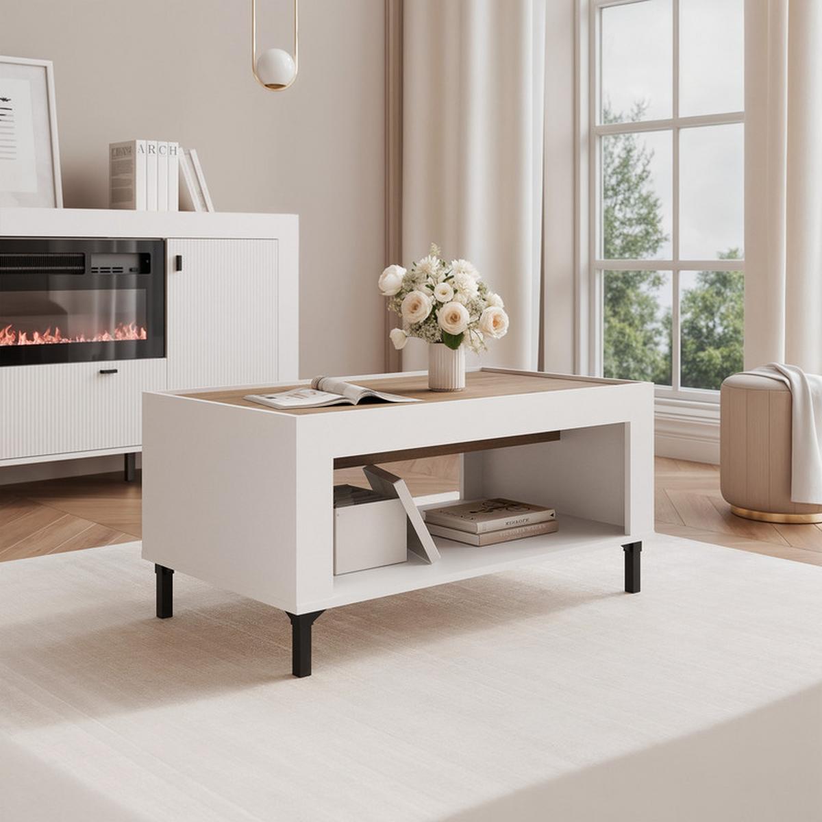 COUCHTISCH AVENA 97/56/47 cm Rechteckig, Weiß/Eiche - Schwarz/Weiß, Holzwerkstoff/Kunststoff (56/97/47cm) - Idohome
