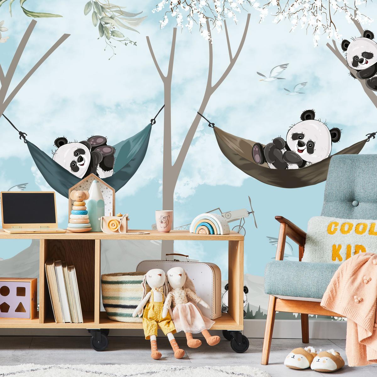 FOTOTAPETE für Kinderzimmer Pandas in Hängematten Märchenwald Blumen Berge 200x140 - Schwarz/Weiß, Papier (200/140cm) - Muralo