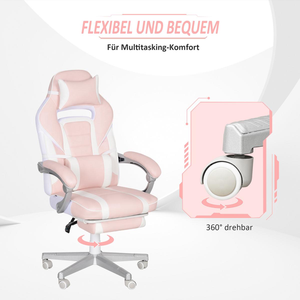 GAMINGSTUHL mit Fußstütze, Kopf- & Lendenkissen, drehbar, höhenverstellbar, Rosa - Rosa, Leder (63/123/63cm) - HOMCOM