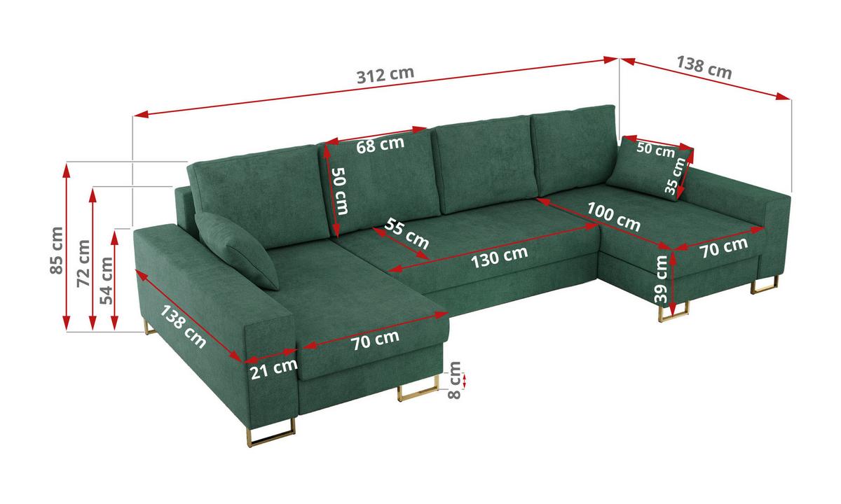 WOHNLANDSCHAFT DORIAN U Struktur Grün - Goldfarben/Grün, Textil/Metall (312/85/138cm) - MKS